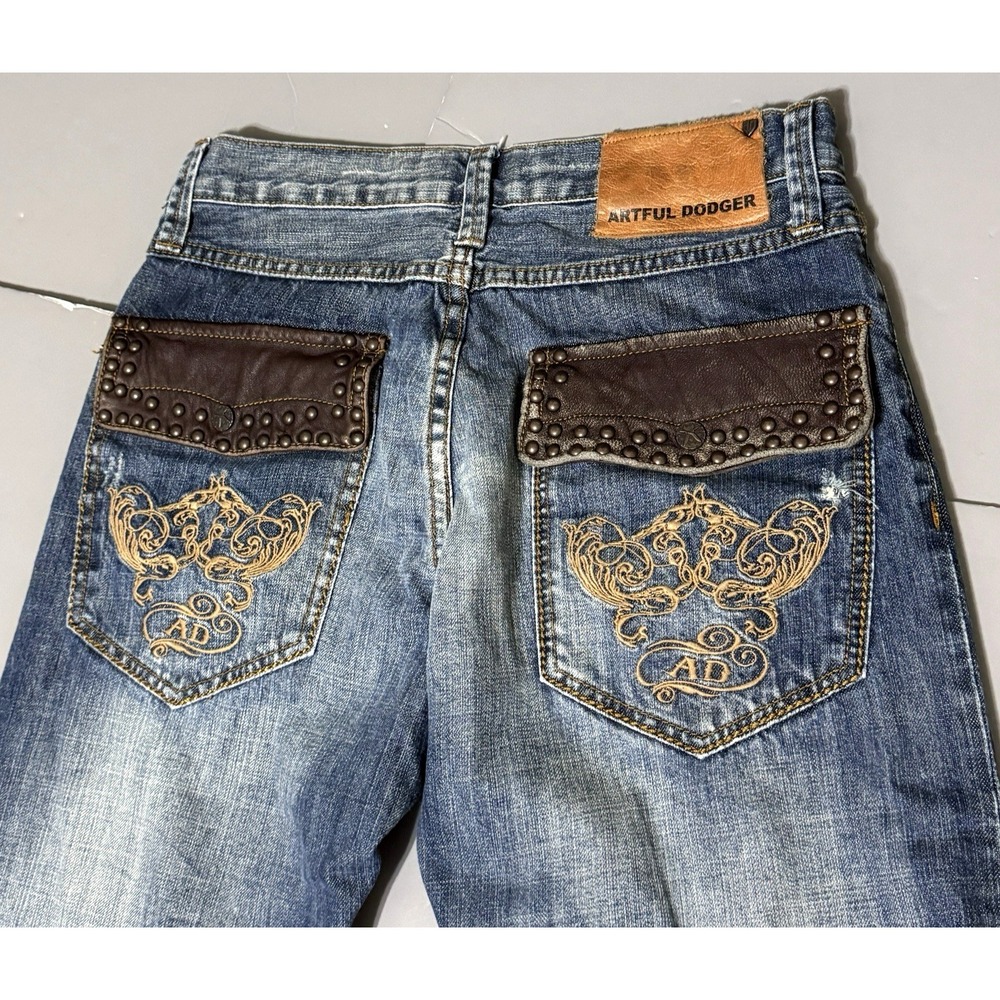 Artful Dodger Jeans Leather Flap Pockets 32 29.5 Faded Vintage Y2k Embroidered